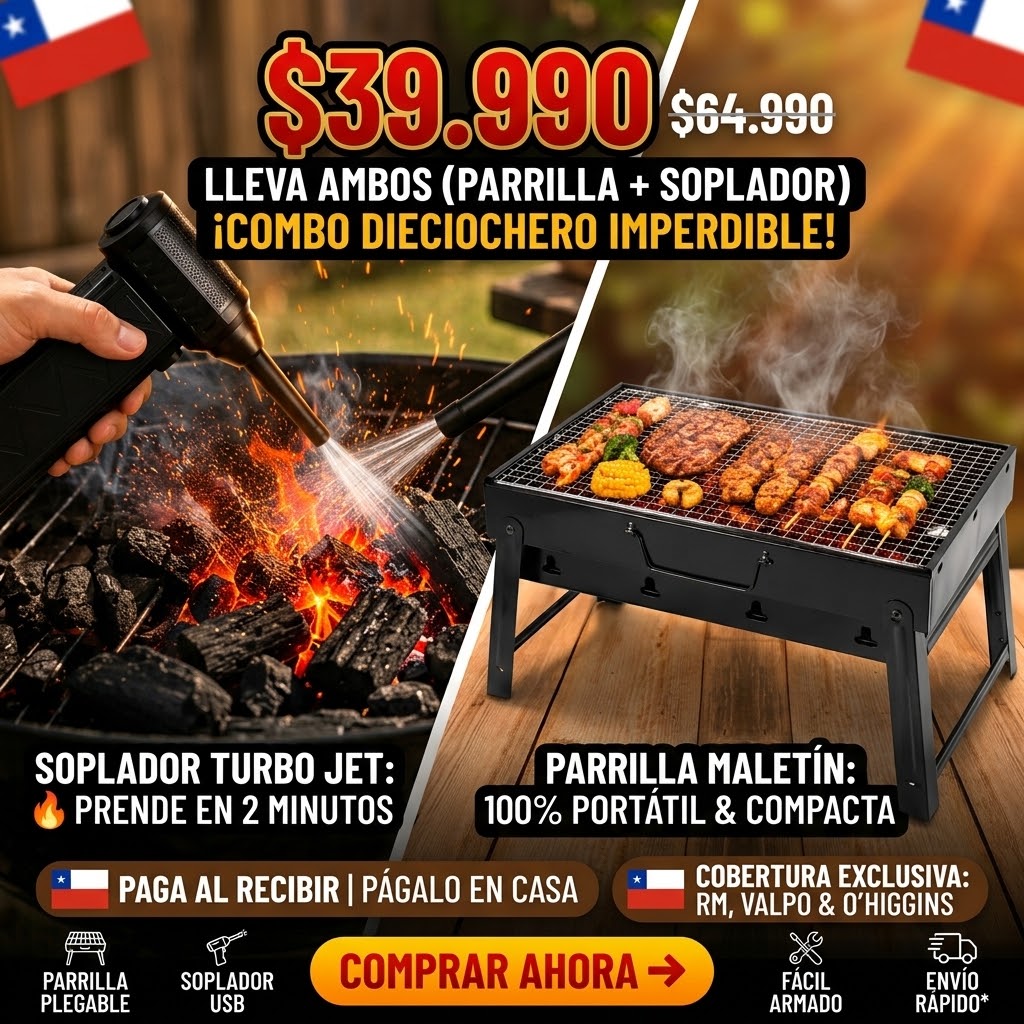 Combo Parrillero Dieciochero | Parrilla Plegable Portátil + Soplador Turbo USB