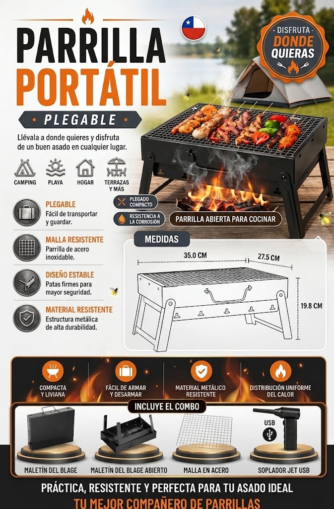 Combo Parrillero Dieciochero | Parrilla Plegable Portátil + Soplador Turbo USB