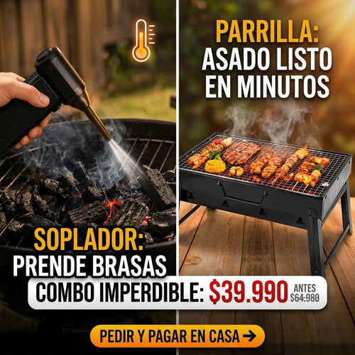 Combo Parrillero Dieciochero | Parrilla Plegable Portátil + Soplador Turbo USB
