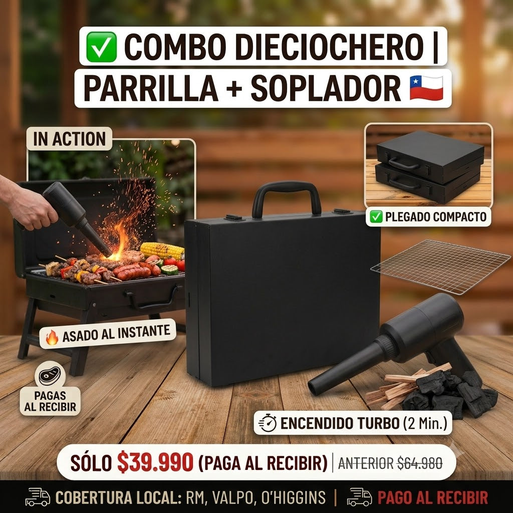 Combo Parrillero Dieciochero | Parrilla Plegable Portátil + Soplador Turbo USB